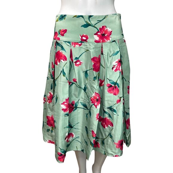 Express Skirt Women 6 Green Pink Floral Design Studio A-Line Skirt Silk Colorful - Picture 1 of 8